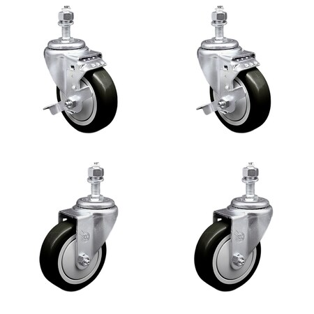Service Caster 4 Inch SS Black Polyurethane Swivel 1/2 Inch Threaded Stem Caster Brakes SCC, 2PK SSTS20S414-PPUB-BLK-TLB-121315-2-S-2